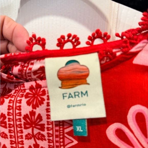 Farm Rio Red Pink Floral Embellished Blouse XL Puff Sleeve Statement Top - Picture 5 of 5